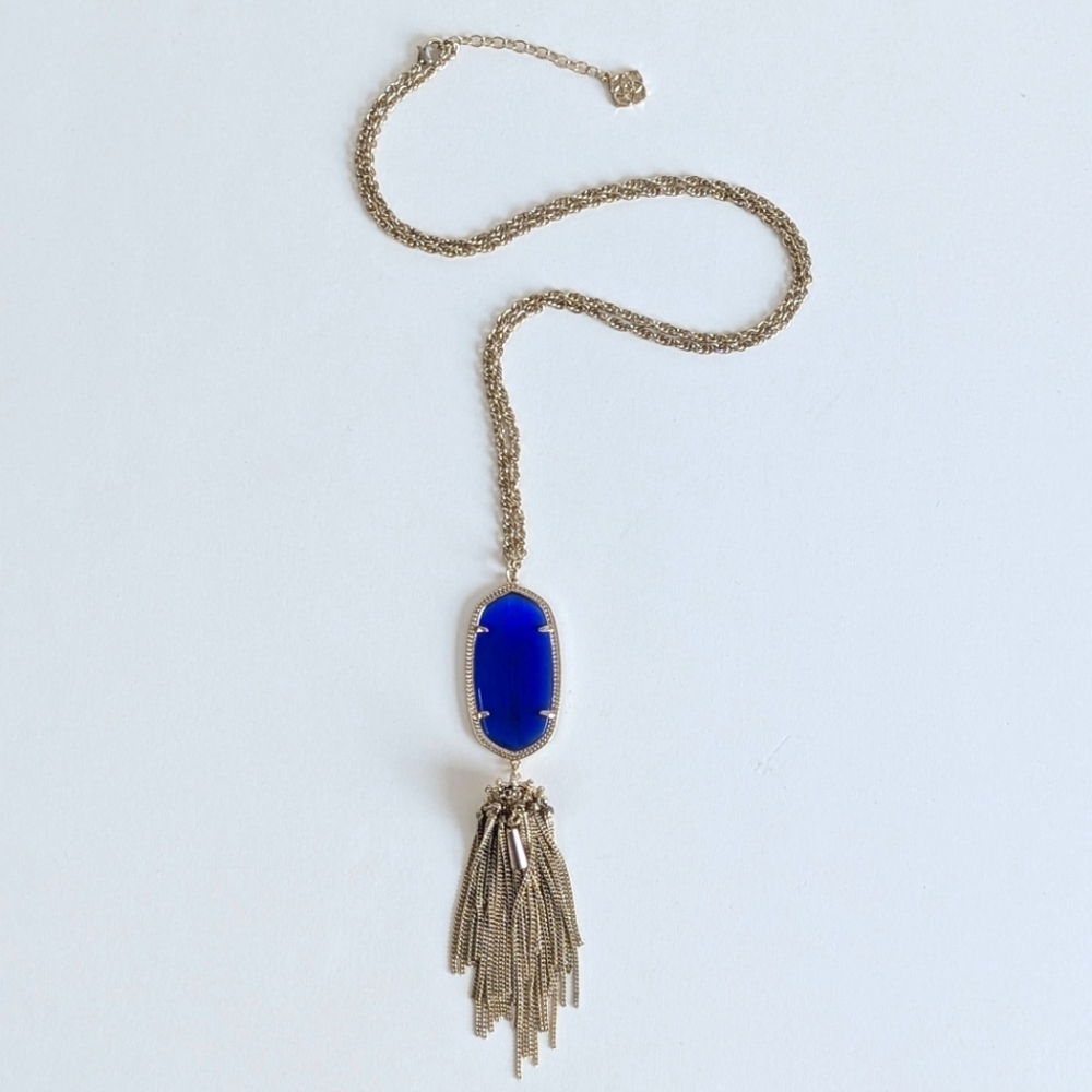 Kendra Scott Rayne Long Chain Tassel Pendant Necklace Blue Dichroic Glass Gold